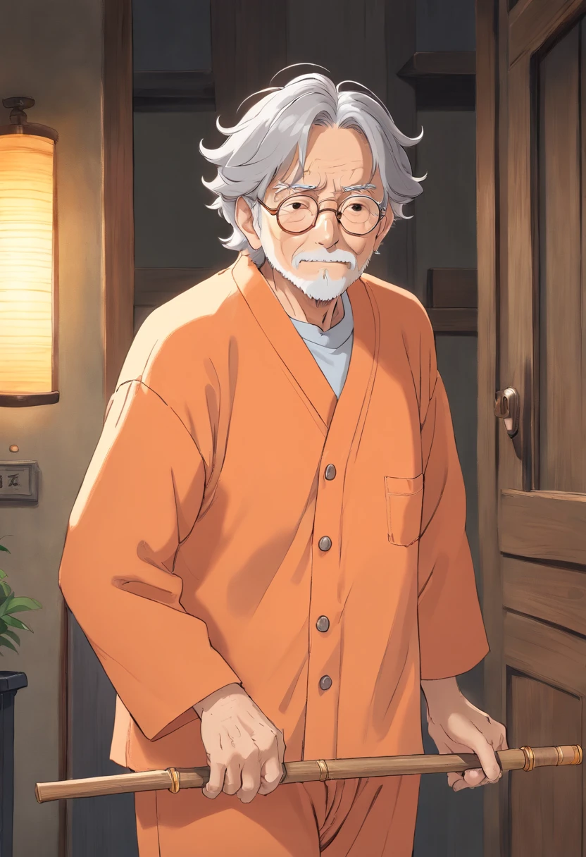 Anime, tired old wrinkled man, with wavy gray hair, wearing light orange pajamas, wearing silver glasses, wise, and compassionate, with cane.