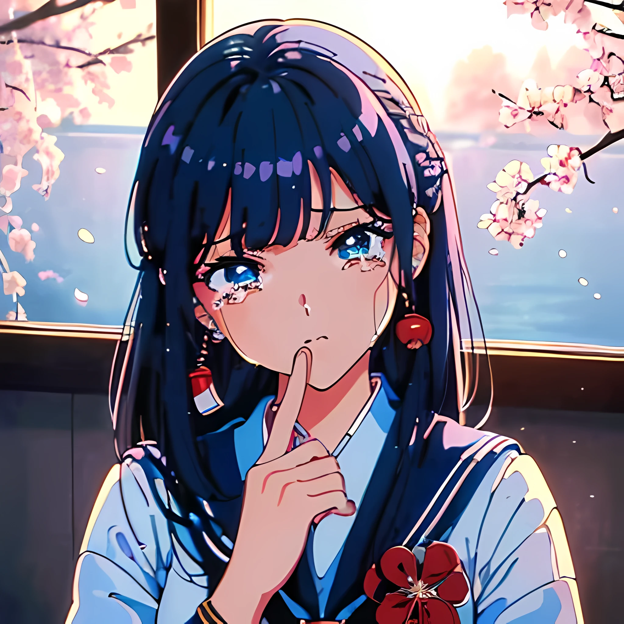 highres, extremely details, dramatic brightness, best quality art, 32k, 8K wallpaper, 4K digital animation, (1980s Japanese anime art:1.5). 1girl, she sad and remember a boy friend, he moved from school. (Her hair color is black:1.3),((a photo of girl, 1980s Japanese idol hairstyle:1.7)),(blue eyes :1.3),(detailed eyes and tears:1.3),close up upper body, (she wearing a sailor suit uniform in the room:1.5),(She holding a crumpled old paper in hand:1.5), (She looking memo on this crumpled paper:1.3), (The cherry blossom trees shine beyond the window:1.3)