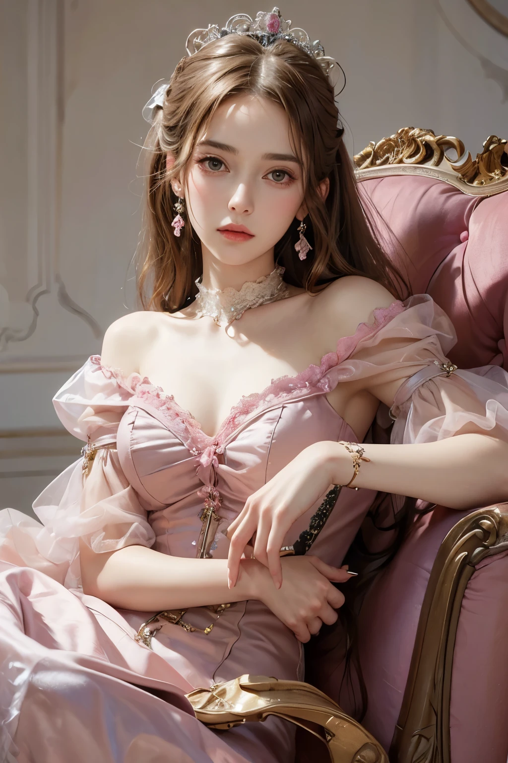 ((best quality)), ((masterpiece)), (detailed), perfect face , perfect hands, A woman wearing a pink dress and sitting on a pink sofa, Giovanni Boldini(Giovanni Boldini), 