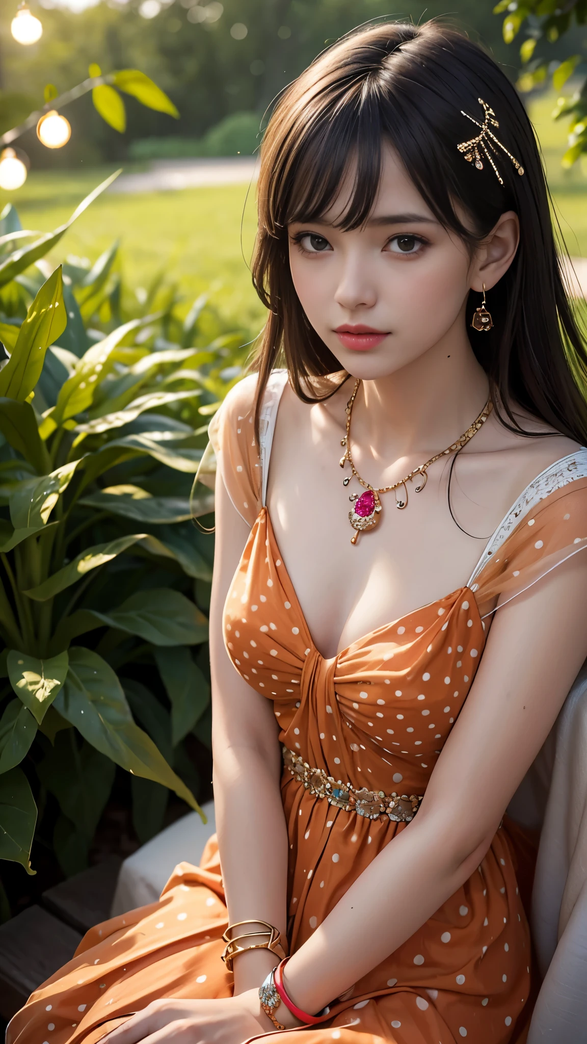 best quality, masterpiece, 1girl, (polka dot dress), (orange dress), hair ornament, necklace, (jewellery:1.8), Beautiful face, small breasts, tyndall effect, photorealistic, rim lighting, two tone lighting, (high detailed skin:1.2), dslr, (spreading light:1.5) soft lighting, high quality, volumetric lighting, candid, in the garden, Photograph, high resolution, 4k, 8k, Bokeh, sitting,