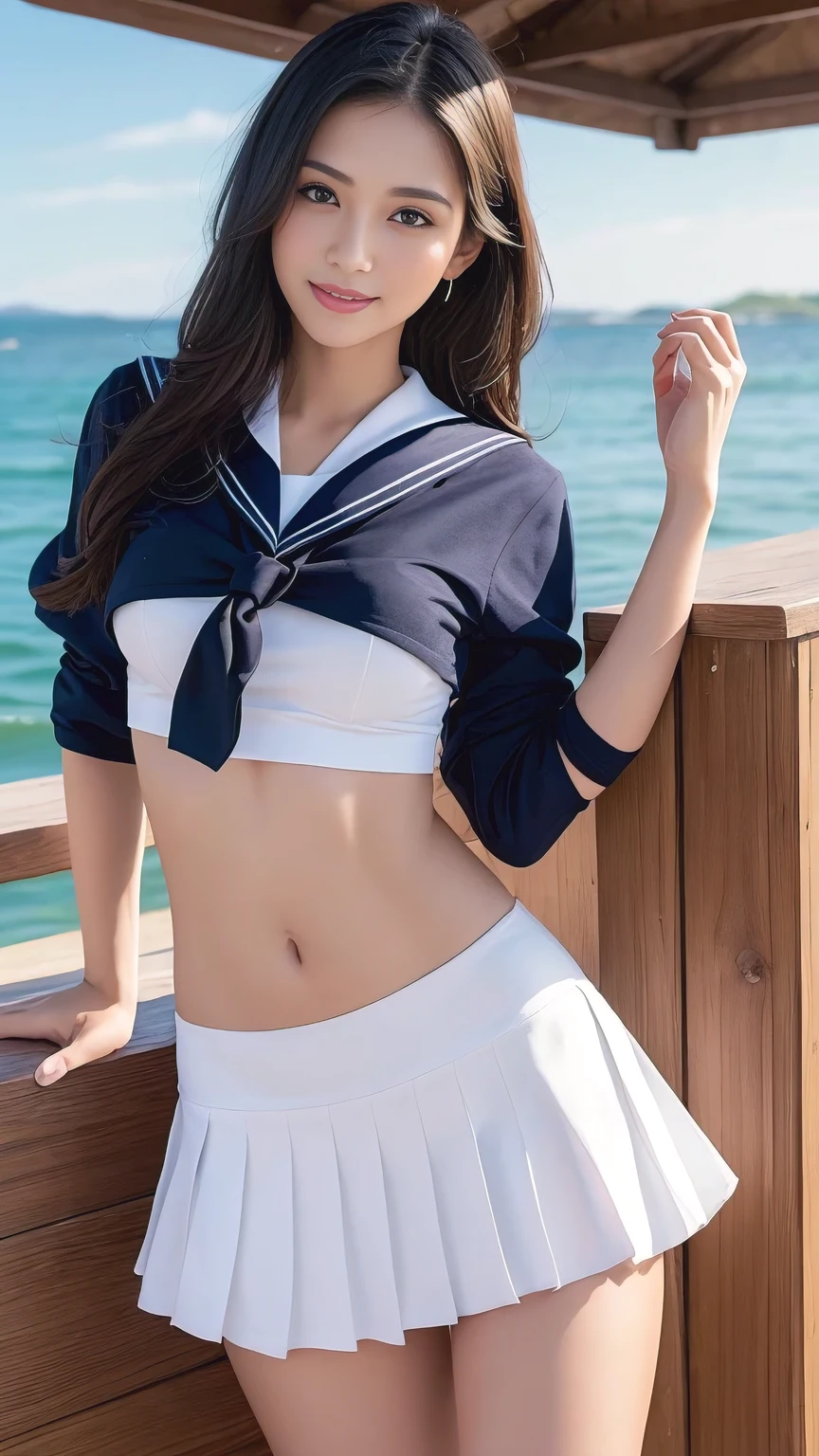 realistic, (top quality, 4K, masterpiece: 1.3), beauty, extremely realistic, Maxim cover model, Cover model in progress, 1 23-year-old woman, (Background with a view of the sea), (Very big, slim attractive body: 1.5), (No Braza), ((white sea uniform, navel, Mini Sailor)), black hair, laugh, smile, mini skirt, Looking straight ahead at the camera, (Bold leg spread pose), Show your clear vagina, very erotic pose, Photo shoot, start from below, woman who wants to have sex,