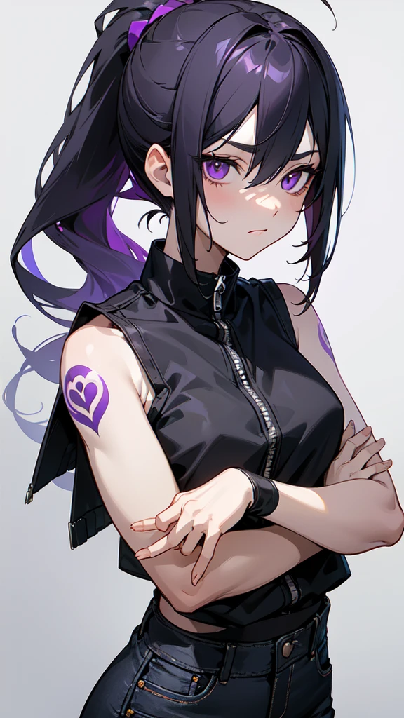(masterpiece, sidelighting, finely detailed purple eyes: 1.2), ((best quality)), ((masterpiece)), (highly detailed:1.3), anime, young girl, ((black trtleneck, sleeveless)), open jacket, (loose black denim pants), pale skin, (shadowed eyes, darkened eyes), (indifferent expression), (long hair,  black hair, messy haircut, hair between eyes, low ponytail), purple tattoo on left palm, scar on face, solo, 1girl,