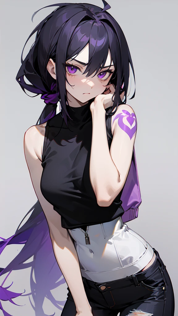 create a character with tied hair and her hair color is black with two purple streaks, her right eye is light purple and the other is black.