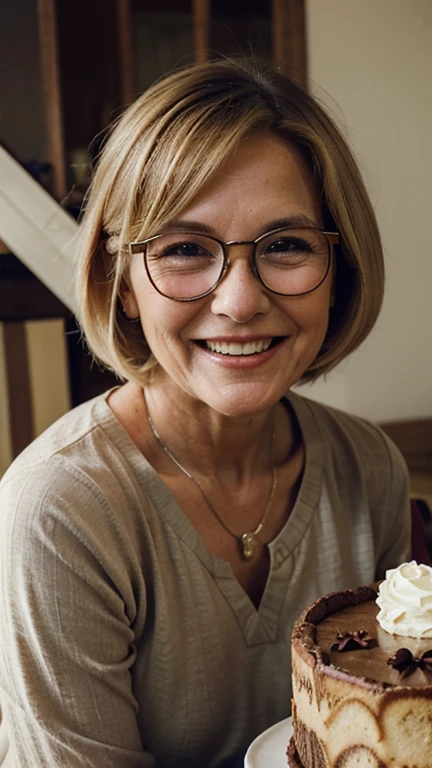 75 years-old woman, old-fashioned, with blonde bob hair, smiling, wearing a glasses, celebrating her grandson's 11th birthday, her grandson has dark brown hair