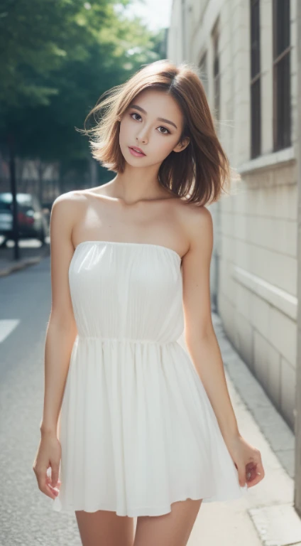 top Quority,Ultra-clear resolution,Gloss on lips,Glossy glossy skin,Clean collarbone,s the perfect face,Bandeau dress short,beautifullegs,Random environment