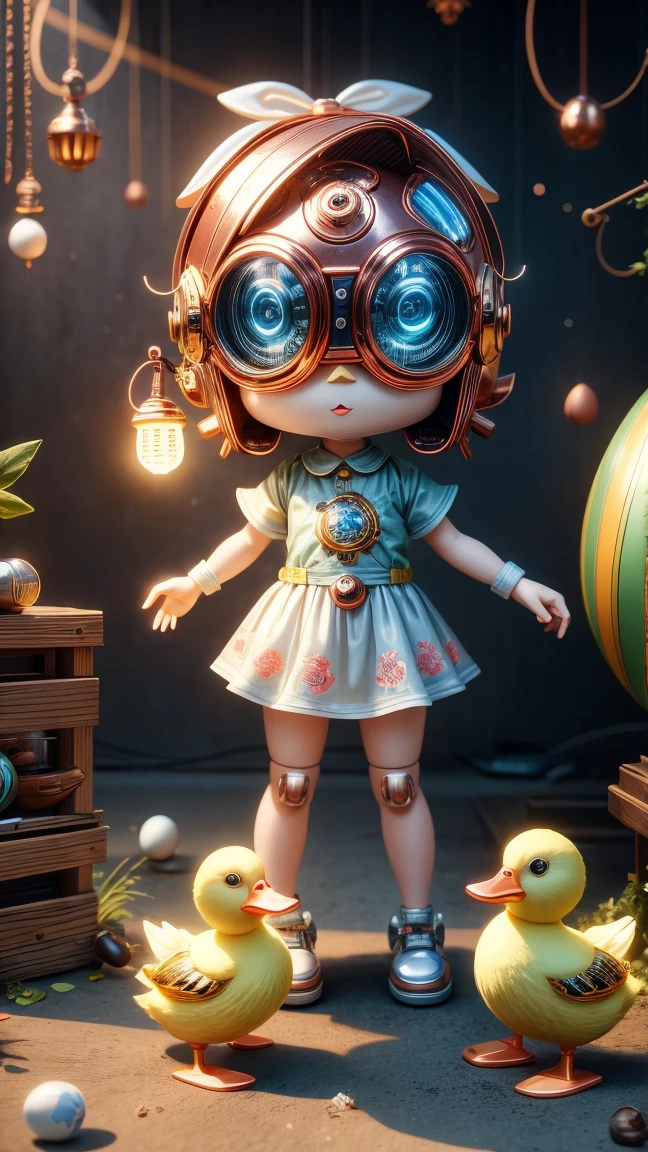 Pixar style, (Blind box toy style:1.2), Cute mechanical duck wearing clothes，透明发Light，霓虹灯Light，High precision mechanical parts，Its body is made of high-quality copper and silver.，眼睛像两颗发Light的宝石，Clean, White background, (global illumination, Light线追踪, high dynamic range, Unreal rendering, Reasonable design, high detail, masterpiece, best quality, ultra high definition, Light)，chibi, 3d