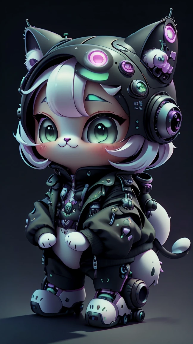 A mini cute surreal futuristic mechanical cat wearing a black jacket. Pink skin. cinematic, Super detailed, White gradient background , Very detailed, zoom out, green eyes