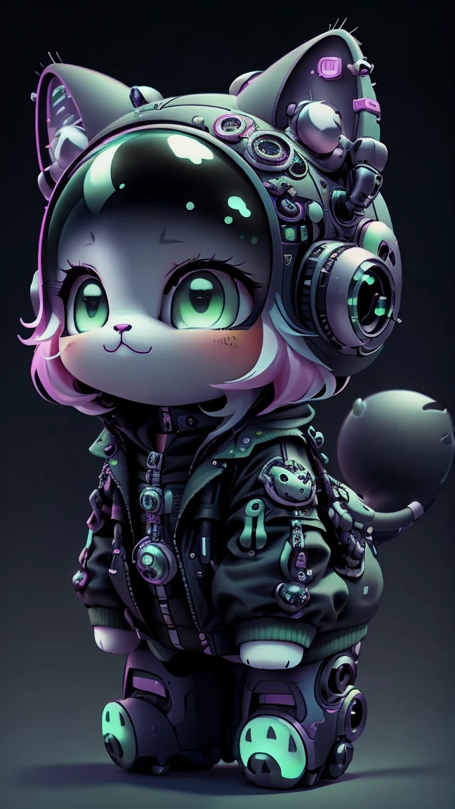 A mini cute surreal futuristic mechanical cat wearing a black jacket. Pink skin. cinematic, Super detailed, White gradient background , Very detailed, zoom out, green eyes