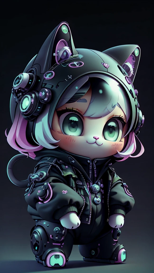 A mini cute surreal futuristic mechanical cat wearing a black jacket. Pink skin. cinematic, Super detailed, White gradient background , Very detailed, zoom out, green eyes