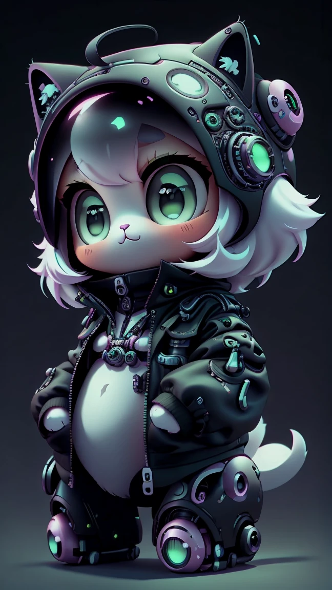 A mini cute surreal futuristic mechanical cat wearing a black jacket. Pink skin. cinematic, Super detailed, White gradient background , Very detailed, zoom out, green eyes