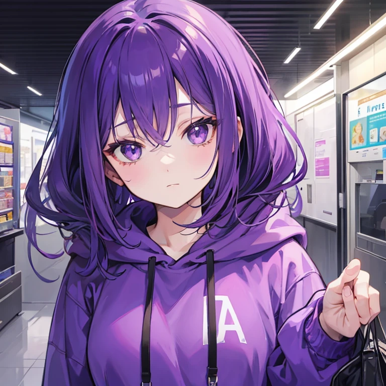 A lazy girl wearing a purple hoodie and have purple hair and have bags under her eyes