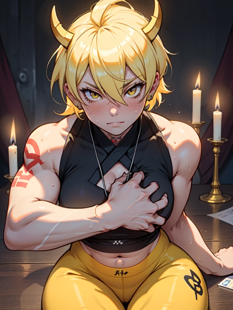 enojado (chica musculosa cuerpo tonificado pechos enormes) yellow eyes hair between the eyes pale skin sweaty tattoo with several bitcoin fortunes in the background several screens with Japanese candles
