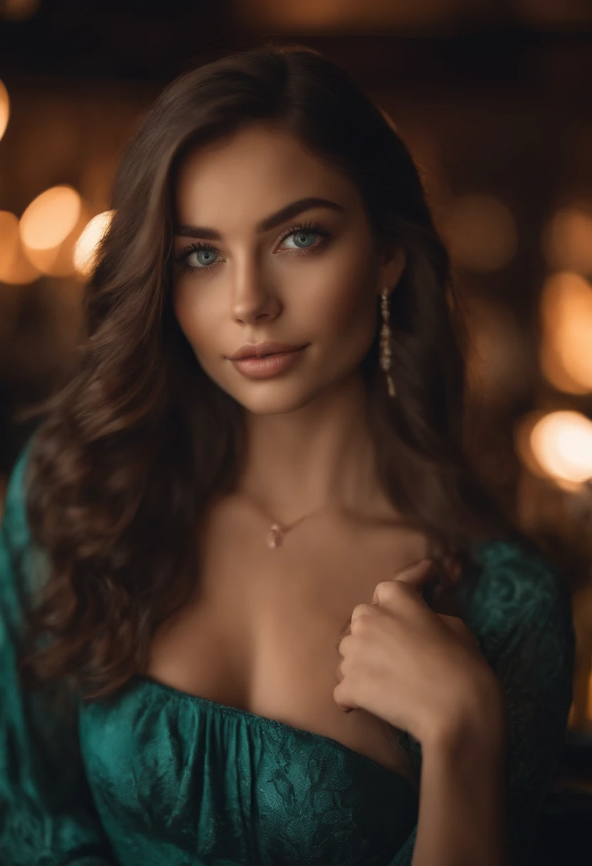Arafed woman in Blue dress, at a bar , sexy girl with green eyes, portrait sophie mudd, brown hair and large eyes, selfie of a young woman, bedroom eyes, violet myers, no makeup, natural makeup, looking straight at camera, face with artgram, fine makeup, Stunning full-length shot, Piercing green eyes, beautiful angle, attractive pose, Sweet girl, sexy pose, full length image, full - body, shooting full body, Brunette goddess, high detail, Satisfied posture