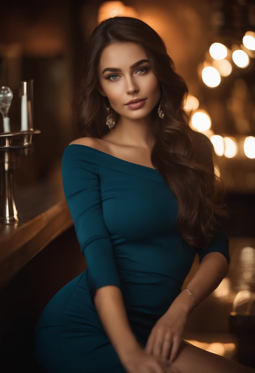 Arafed woman in Blue dress, at a bar , sexy girl with green eyes, portrait sophie mudd, brown hair and large eyes, selfie of a young woman, bedroom eyes, violet myers, no makeup, natural makeup, looking straight at camera, face with artgram, fine makeup, Stunning full-length shot, Piercing green eyes, beautiful angle, attractive pose, Sweet girl, sexy pose, full length image, full - body, shooting full body, Brunette goddess, high detail, Satisfied posture