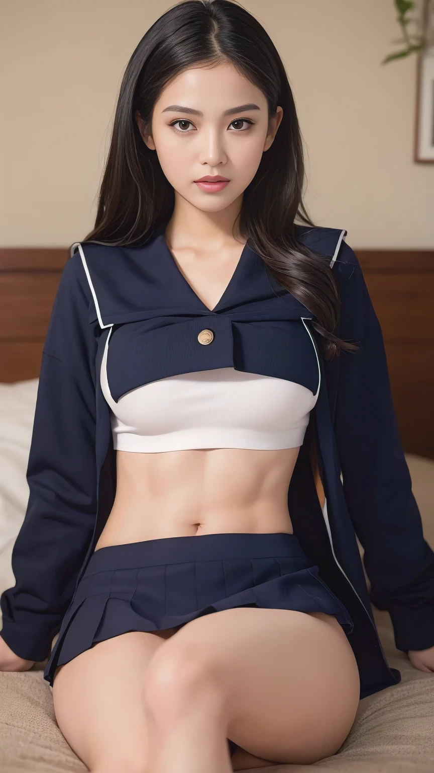 realistic, (top quality, 4K, masterpiece: 1.3), beauty, extremely realistic, Maxim cover model, Cover model in progress, 1 23-year-old woman, (Very big, slim attractive body: 1.5), (No Braza), ((Uniform, navel, Mini Sailor)), black hair, laugh, mini skirt, Looking straight ahead at the camera, Bold leg spread pose, very erotic pose, Photo shoot, start from below, woman who wants to have sex,