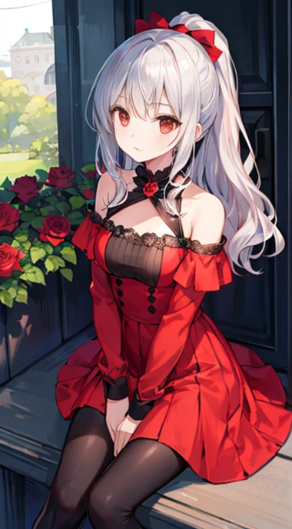 silver wavy hair、red eyes、Beautiful girl alone、red dress、Off the shoulders、mini skirt、black leggings、sit、Double ponytail、rose Garden