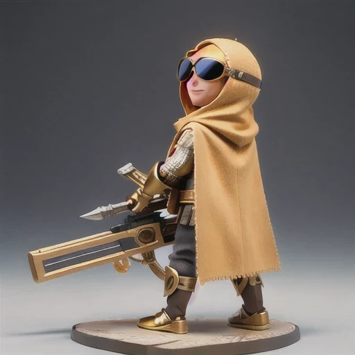 Brilliant Gold Diamond Maya Star((Suede leather armor))Copper weapons, Burlap Cloak Mummy Hood Platinum Silk Cyberpunk Light Crossbow Space Station 1:60 miniature models, illustration, Side view, (Side view), Wear gold-rimmed reflective sunglasses, Carrying future weapons, very happy, Side view, whole body, 3d, (nautilus) octane rendering, perfect appearance, Collagen protein(((Isometric art)))
