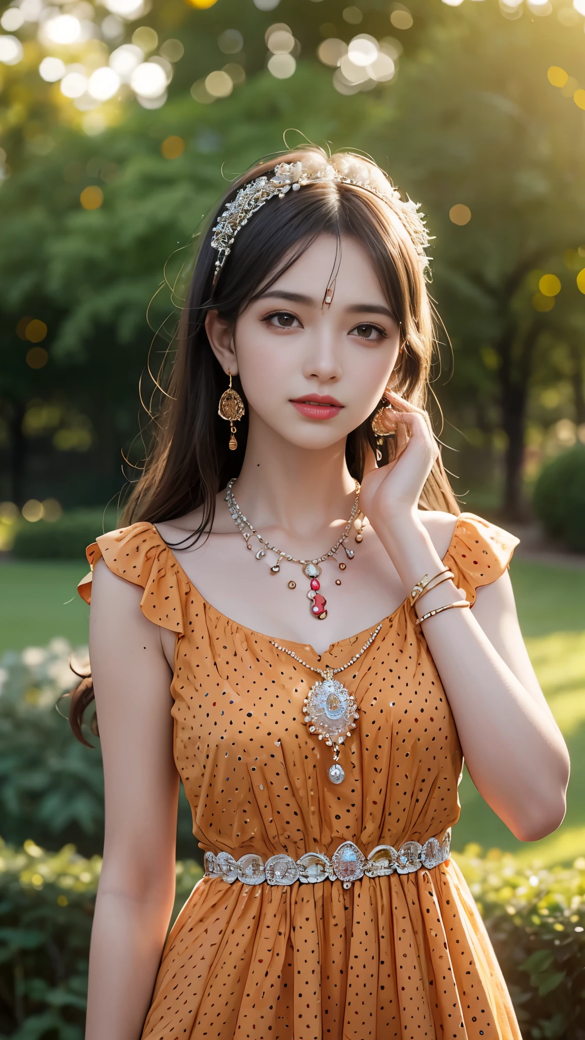 best quality, masterpiece, 1girl, (polka dot dress), (orange dress), hair ornament, necklace, (jewellery:1.8), Beautiful face, small breasts, tyndall effect, photorealistic, rim lighting, two tone lighting, (high detailed skin:1.2), dslr, (spreading light:1.5) soft lighting, high quality, volumetric lighting, candid, in the garden, Photograph, high resolution, 4k, 8k, Bokeh,