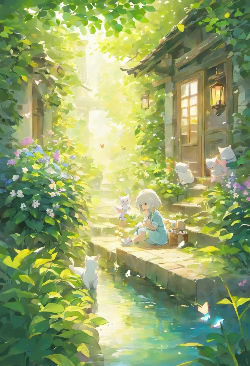 This scene is very fascinating。A girl and a white kitten are in a beautiful garden。 The girl is looking at the white kitten with amusement。The white kitten is having fun trying to catch a butterfly。 The garden is decorated with lush greenery and colorful flowers.。The garden is bathed in spring sunlight, giving it a warm glow.。A bright number of people surround a white kitten々Butterflies are flying。The flying butterflies create a lively atmosphere.。 The white kitten is expressive、The detailed fur and unique folded ears add to its charm.。The gardens are beautifully maintained、Neatly trimmed bushes and々Various plants are arranged。The stream's crystal clear water reflects the serene environment.、Colorful facade of house in the distance々adds a bit of whimsy to the scene.。 The scene has an atmosphere of tranquility and contemplation.、Expressing the world of high fantasy。Guardian nebula of rainbow light and silvery vapor、The colors of the Corrosive Encirclement Ray family fill the sky、There is a slimy feeling in the air.。A beautiful piece of artwork that exudes a mysterious aura.。