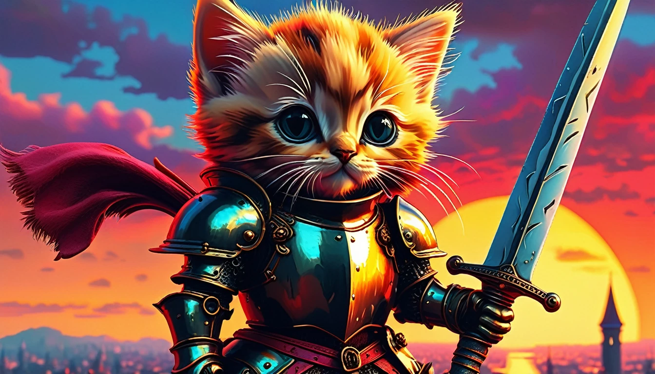 ((top air view)) A cute kitten-knight made of bronze, knight, cyberpunk  crimson sunset, created ((in the style of Albrecht Altdorfer)), Renaissance, pin-dot art,((oil painting knife)), rainessanse older gradient, Complex details, intricate, aesthetics, ((best quality, Masterpiece)),
((Highest detail), Octane rendering, 8K  