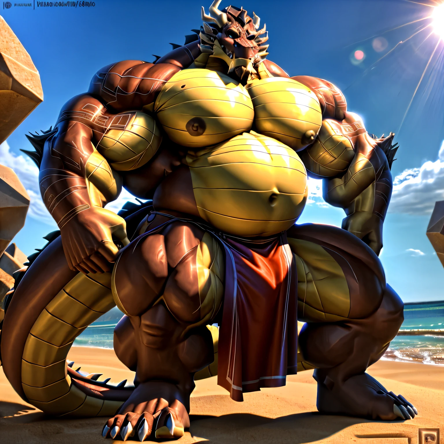 shendu, eastern dragon king, male dragon, eastern dragon,hefty body,  with very big muscles, hulking, huge, colossal body,  extremely strong, big abdominal muscles, hefty musclegut, pecs, Strong and robust musclegut , prominent muscle abs, sharp claws, legs,  feet, full body, loincloth,  HDR, nipples, sunlight, daylight, outdoor, bright , at noon,  good weather,  4k, best quality .