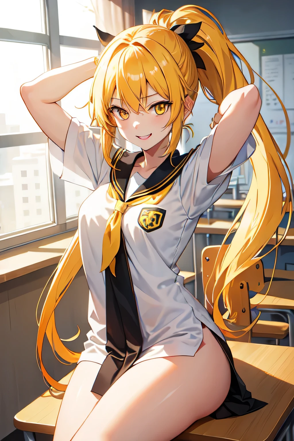 girl,in classroom,long hair,yellow hair,ponytail hairstyle,yellow eyes,smile expression,naked