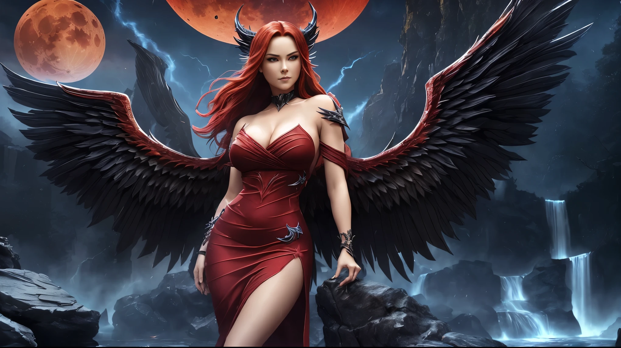 (Highly realistic image), Fantasy scene, Centerpiece, masterpiece, Ultra detailed, High quality, 4k, complex, expert, Center, (volumetric lighting), beautiful, dark masterpiece, (ultra detailed landscape), (sharp landscape), (sharp image), (dark scene), (dark atmosphere). Ultra-detailed Eurasian girl, 21 years old, angel, Fallen angel, Black angel, (2 majestic wings:1.5), (2 folded big wings:1.5), Black feather, (blue eyes:1.3), (long straight blond hair:1.3), (beautiful Big breasts), showing great cleavage, darkness, (charming smile:1.3), (2 black horns:1.3), Evil creature, fire, (red blood moon:1.5), (blue fire, blue flames in the land:1.5), (red lightning in the sky:1.5), (thunderstorm), (waterfalls:1.5), (skull:1.3), Black thorn hair ornament, (red dress:1.5), (short slit bodycon red dress:1.5), (Black Crown Her demon wings on her back and demon horn give her an invincible aura), (standing in waterfalls in the destroyed land). (Naked body). (View viewer), (high angle), (cowboy shot), (upper half of the body:1.3), (sensual dynamic pose:1.3), (perfect slim body), (perfect anatomy), (perfect hand), Nice legs and hot body, more detail, realistic, Masterpiece