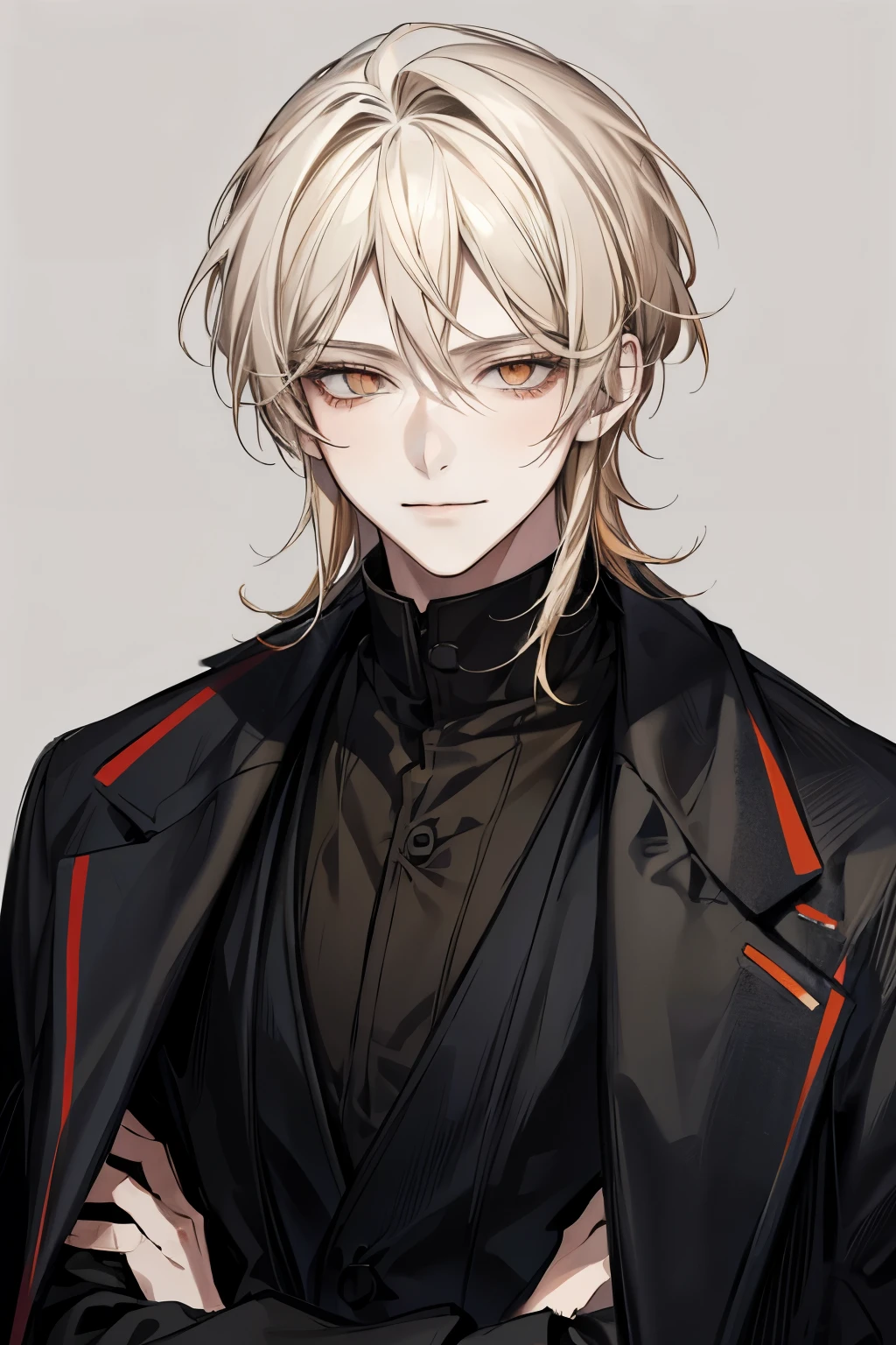 Solo, Male, smirk facial, masterpiece, highres, blonde hair, orange eyes, black shirt, black coat