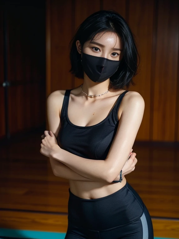 1 female、Korean、Korean美女、yoga clothes、緊身yoga clothes、collar、Leather mask、garters、crotch chuck、intricate details、Very detailed、highest quality、(advanced:1.4)、Ultra-realistic 8k、face perfect、perfect、Clean、​Masterpiece、professional artwork、famous artwork、face perfect、beautiful expression、beautiful eyes、dark short hair、Wet hair、very big breasts、clothing details、model pose、Hyperrealistic 8k、Top image quality、natural background、model poseと露出 、Yoga room background