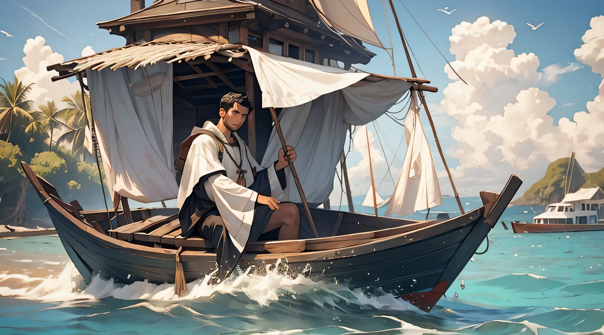 a black-haired young man in shabby white clothes on a small boat, arriving at the shore of an uninhabited island, seen from behind, medieval theme