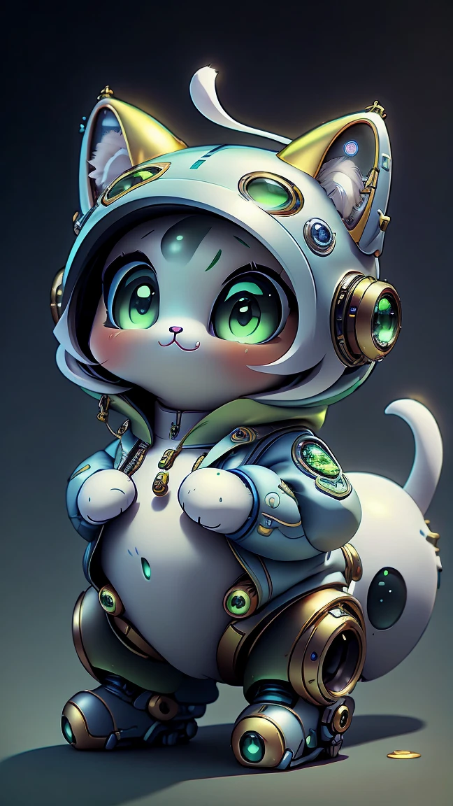 A mini cute surreal futuristic mechanical cat wearing a blue jacket. golden skin. cinematic, Super detailed, White gradient background , Very detailed, zoom out, green eyes