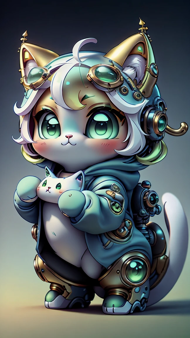 A mini cute surreal futuristic mechanical cat wearing a blue jacket. golden skin. cinematic, Super detailed, White gradient background , Very detailed, zoom out, green eyes