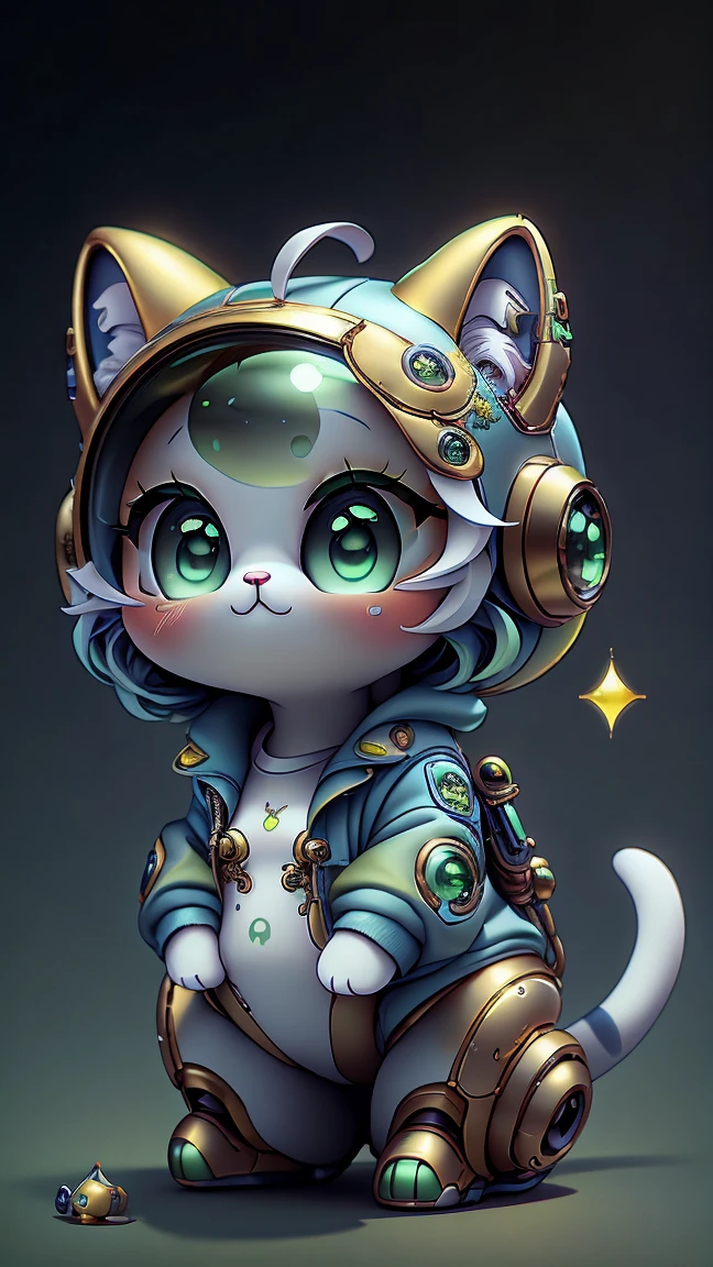 A mini cute surreal futuristic mechanical cat wearing a blue jacket. golden skin. cinematic, Super detailed, White gradient background , Very detailed, zoom out, green eyes