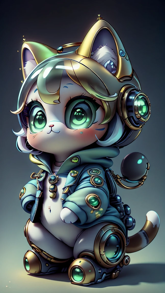 A mini cute surreal futuristic mechanical cat wearing a blue jacket. golden skin. cinematic, Super detailed, White gradient background , Very detailed, zoom out, green eyes