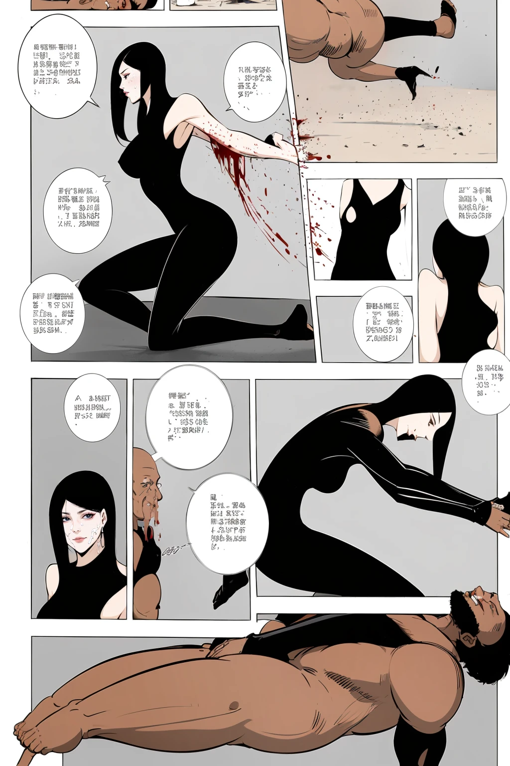 A colorful comic book storyboard illustrating a scene where a lady in tight pants and seductive attire engages in combat with a group of male fighters,anatomically correct,1 girl,beautiful ,long hair,smile,barefoot, leggings,sexy top, thin gap,large breasts, trample,femdom,hetero,saliva , mucus,kneeling man,dead man,lying man, bleeding man,(masterpiece, best quality:1.2), using her beauty and martial skills to gain the upper hand. The dynamic panels capture the intense battle as the female character outmaneuvers her opponents through a combination of allure and agility. The vibrant artwork brings to life the clash of strength and strategy, highlighting the contrast between the feminine grace and formidable prowess of the female fighter. This comic book storyboard, created with flair by a talented artist, showcases a visually striking and empowering portrayal of a fierce and captivating heroine in action