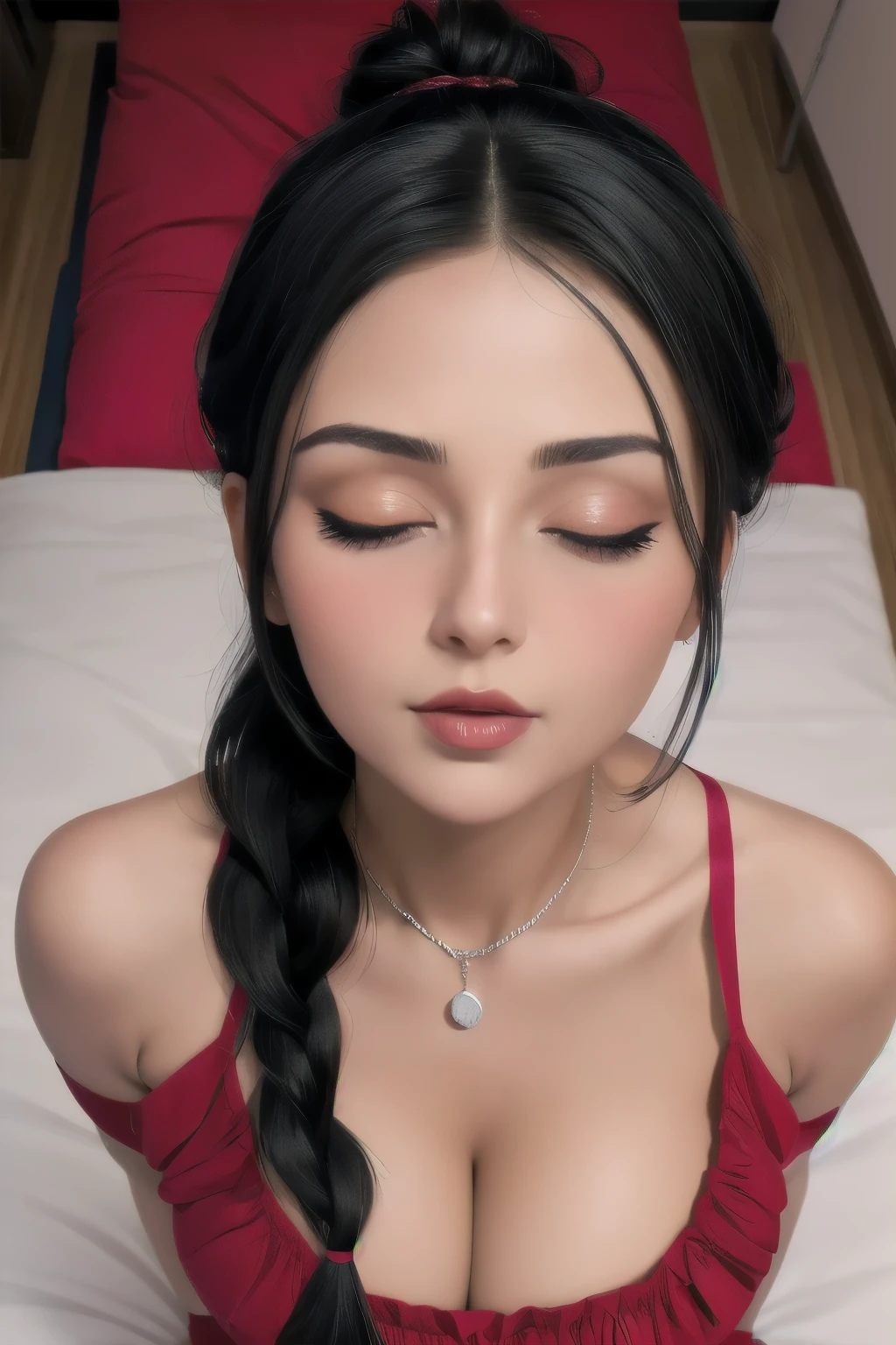 Sexy and cute woman, MILF, neighbour, black hair tied in a braid, sexy eyes, seductive gaze, red lips parted, blushing intensely, long neck, bare shoulders, medium chest, cleavage, sexually aroused expression, lustful expression, upper body, medium chest, cleavage, bedroom, lying on bed