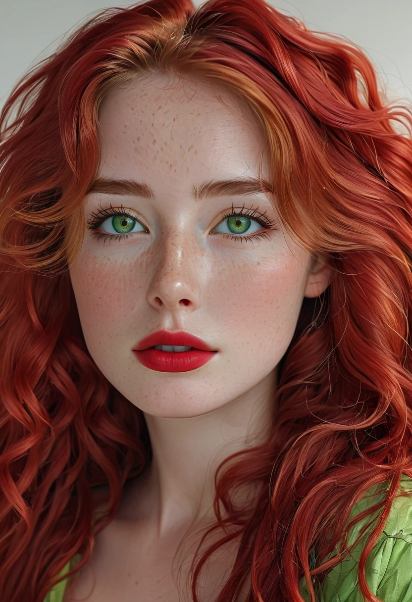 (masterpiece, best quality), ((realistic)), 1girl, solo, (((age 18))), (skin texture:1.1), (skin pores:1.2), (pale skin), freckles, (high detail face), ultra-detailed, digital-art, ((Raw photo)), ((long curly red hair)), (Big Twin tails), Looking at up, ((Green Gold Eyes)), (Translucent Cornea, luminosity:1.2), ((beautiful and perfect eyes)), Black Eyeliner, thin eyebrows, long eyelashes, ((full lips, lipstick hot red)), ((Full Body, standing, random pose)), (medium breast)