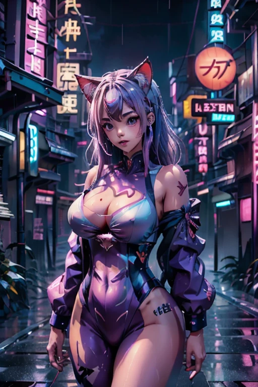 The album cover features a full shot of a white-skinned nekomimi girl with vibrant purple hair, standing amidst the futuristic Tokyo backdrop illuminated by the evening glow and drenched in persistent rain. She exudes a joyful and vibrant energy, her slender tail swaying gently behind her. Dressed in a traditional Japanese , her figure stands out against the neon-lit skyscrapers and rain-drenched streets. The anime-style artwork resembles the dynamic visual depth of "Monogatari Series", with a rich color palette and meticulous attention to detail. As the girl gazes ahead with a mix of innocence and determination, the background hides kittens, adding an extra layer of charm to the scene. The composition of the cover follows the rules of professional design, with a harmonious balance between the central figure and the surrounding urban environment. The album title typography seamlessly integrates into the design, using elegant yet modern fonts that complement the overall aesthetic. In summary, the album cover skillfully merges elements of city pop, neo cyberpunk, and anime style, creating a visually stunning and emotionally resonant image.,