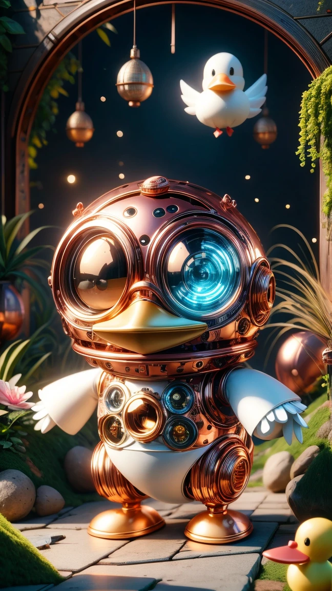 Pixar style, (Blind box toy style:1.2), Cute mechanical duck wearing clothes，透明发Light，霓虹灯Light，High precision mechanical parts，Its body is made of high-quality copper and silver.，眼睛像两颗发Light的宝石，Clean, White background, (global illumination, Light线追踪, high dynamic range, Unreal rendering, Reasonable design, high detail, masterpiece, best quality, ultra high definition, Light)，chibi, 3d