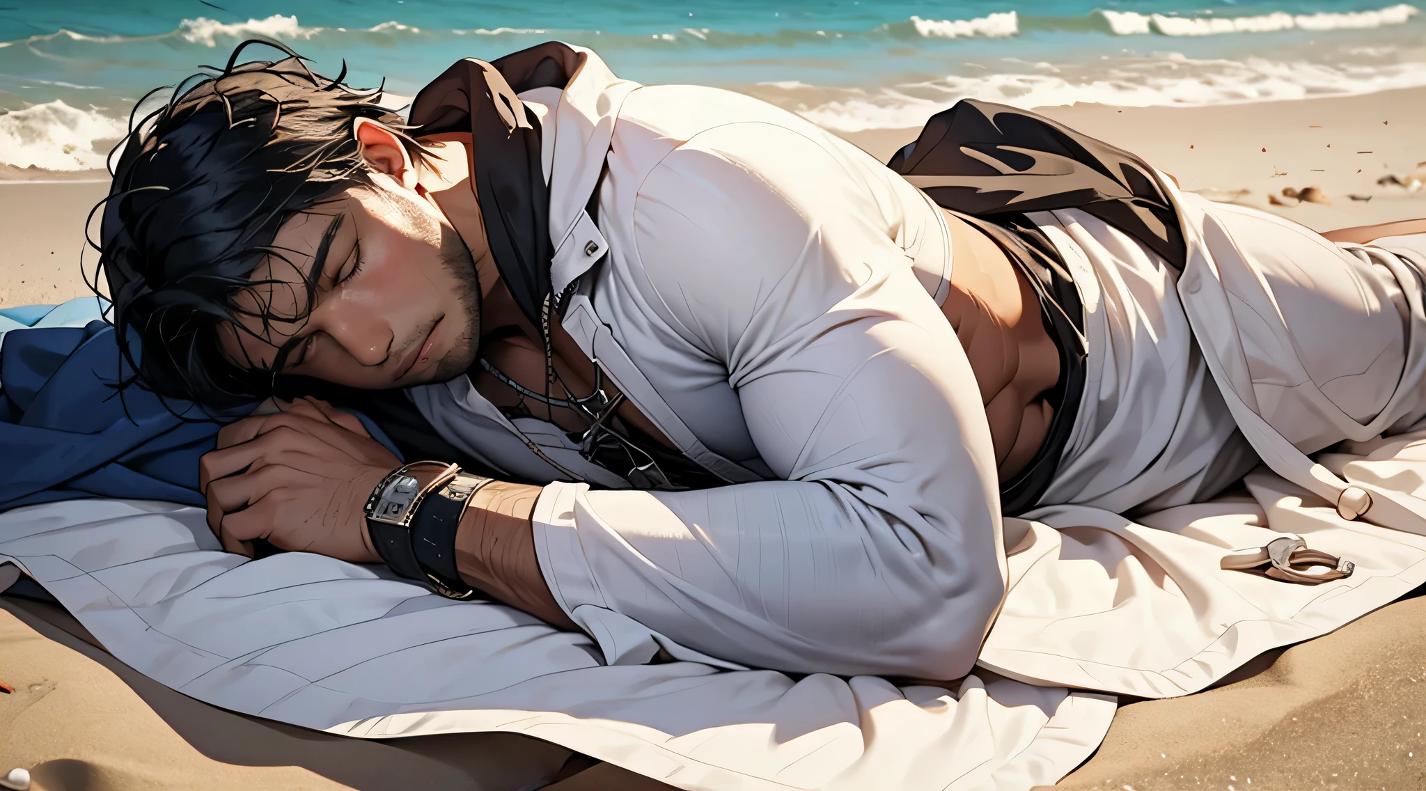black haired man, unconscious, tattered white clothes, collapsed face down, collapsed on the beach, medieval theme