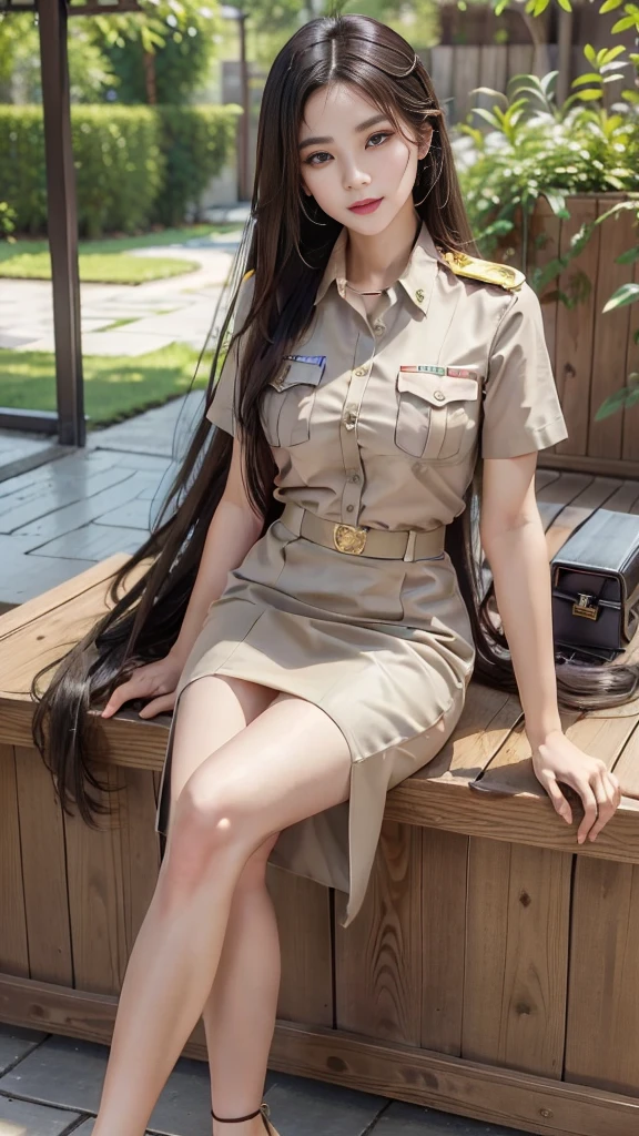 Khaki suit, khaki civil servant, Thai teacher uniform:1.3, Beautiful girl with extra long hair, Two meter long hair, Long hair that catches the eye, long black hair, Her hair is very long., Long, shiny hair, Long, thick, soft hair, Extra long hair, Dynamic posts, like full body, Short sleeve shirtสีกากี, short pencil skirtสีกากี, side cut, Decorated with military insignia., black high heels, The sexiest, small waist, hips raised, small thighs, Long legs, big breastsโต, big breasts:1.5, big breast, Very big breasts, Eye-catching breasts, Large breasts pierce the shirt, Not completely covered, big breast, Huge breast, Big tits D, สาวTwo meter long hair, Beautiful face, red lips, Very shiny, แต่งBeautiful face, Military rank insignia, short pencil skirt, tight, Short sleeve shirt, tight fitting, in the background, blurred garden.