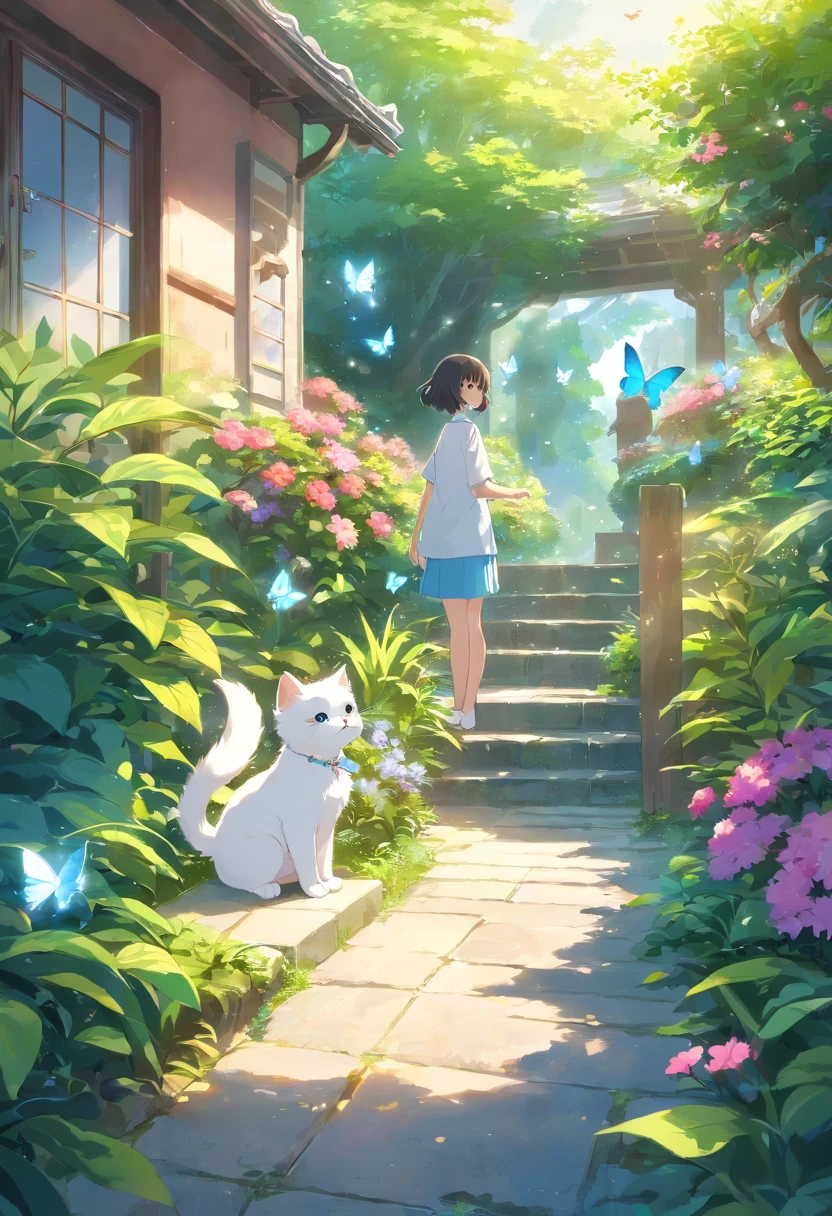This scene is very fascinating。A girl and a white kitten are in a beautiful garden。 The girl is looking at the white kitten with amusement。The white kitten is having fun trying to catch a butterfly。 The garden is decorated with lush greenery and colorful flowers.。The garden is bathed in spring sunlight, giving it a warm glow.。A bright number of people surround a white kitten々Butterflies are flying。The flying butterflies create a lively atmosphere.。 The white kitten is expressive、The detailed fur and unique folded ears add to its charm.。The gardens are beautifully maintained、Neatly trimmed bushes and々Various plants are arranged。The stream&#39;s crystal clear water reflects the serene environment.、Colorful facade of house in the distance々adds a bit of whimsy to the scene.。 The scene has an atmosphere of tranquility and contemplation.、Expressing the world of high fantasy。Guardian nebula of rainbow light and silvery vapor、The colors of the Corrosive Encirclement Ray family fill the sky、There is a slimy feeling in the air.。A beautiful piece of artwork that exudes a mysterious aura.。