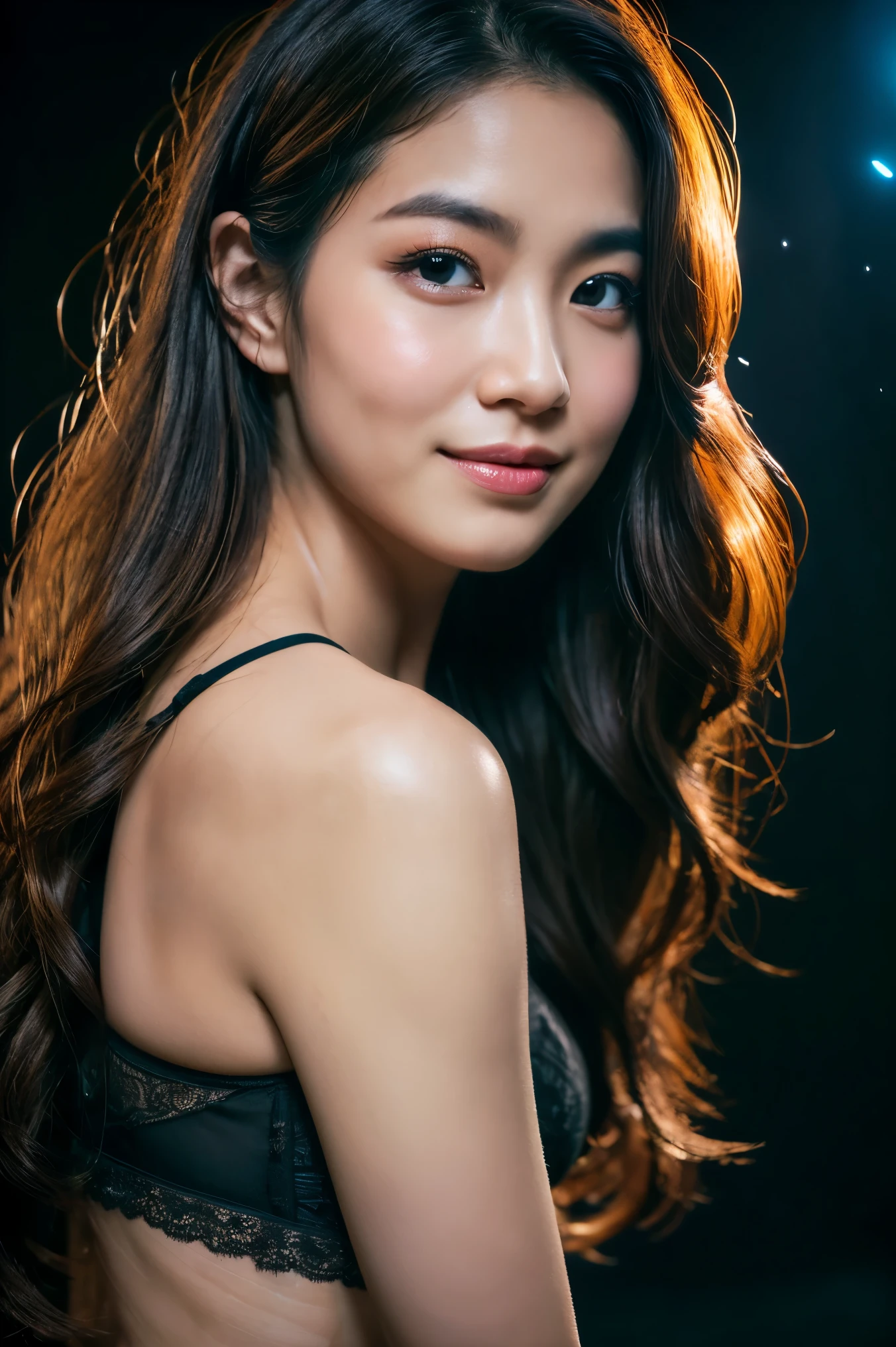 best quality, epic reality, ((in the pitch black darkness :1.4)), ((portrait:1.5)),(background: dark ) high contrast ,glorious picture, Minimum illumination, lighting Face, She was comfortable, broken to pieces, it seems, (8K, original photo, best quality),(epic reality:1.5), a woman, Face,(exquisite eyes:0.8),(looking at camera:1.4), (best quality), ( high contrast, Deep shadows),intricate details,Work,((skin:1.4)), (long dark hair:1.3), long hair, messy ,(high dynamic range:1.5),detailed, color, upscale, masterpiece, original photo (20 years old, looking at the audience), Fair, (wearing underwear,)，Light-colored areola, nature, perfect composition, portrait, 完美的 Face, Smile expression, charming eyes, Bright details, close lips, (高skin细节),, (blue tint: 0.6), (Sale: 0.8), (bloody: 0.7), Accent lighting , (backlight: 0.5), medium depth of field, Canon 5D, 50mm lens, F/4 apertures, (Super detailed, intricate details), sharp focus, soFt color, 8K, absurd, 80mm, dark background, photography, Smile, Comfortable ,