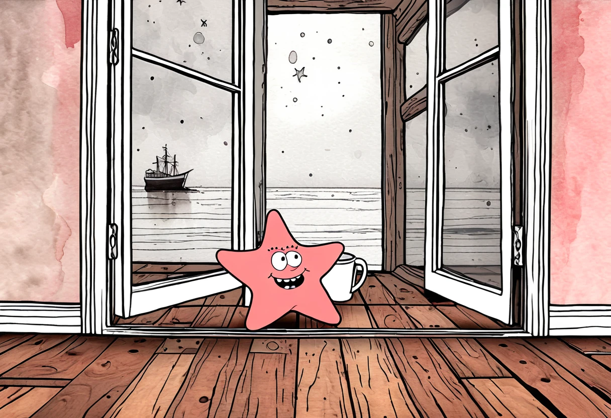 A rotoscope photoshopped overlaid Patrick Star peering from outside wooden pane window, detailed view of background obscured by the surprising Patrick Star taking up window view, Patrick Star sipping and holding a mug of steaming coffee with an unsettling, unnaturally large, unfunny smile. A lines only hand drawn expressive ink comic, harsh ink stroke with ink blot and ink drip subtle flourishes, dutch angle cinematic composition framing of a bedroom with wood floors, a bed, a closet, and an open door to a hallway. Each item in the room is made with rotoscope detail realism, every floorboard has a different grain than the next, and every part of the bed frame and bed are detailed as separate connected pieces. The room is full of objects made up of smaller pieces. Subtle watercolor coloring grading shading.