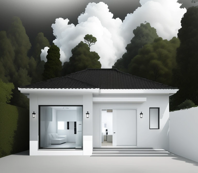 Minimalist house, 2 layers, White and garden with trees