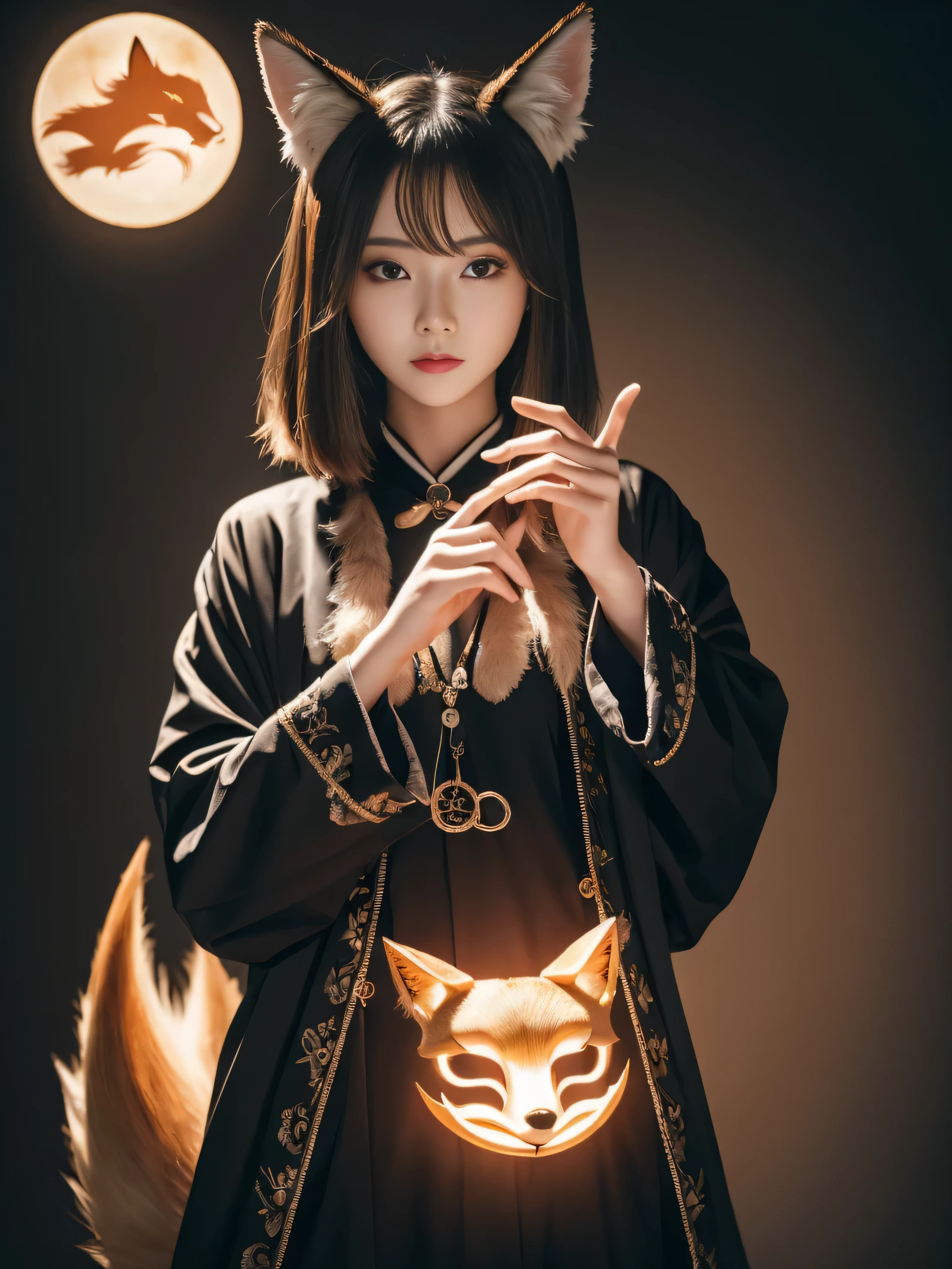 1girl,solo,, official art, unity 8k wallpaper, ultra detailed, beautiful and aesthetic, beautiful, masterpiece, best quality,, Kitsune witch, fox mask, haori jacket, foxfire spell, fox familiar, transformation,