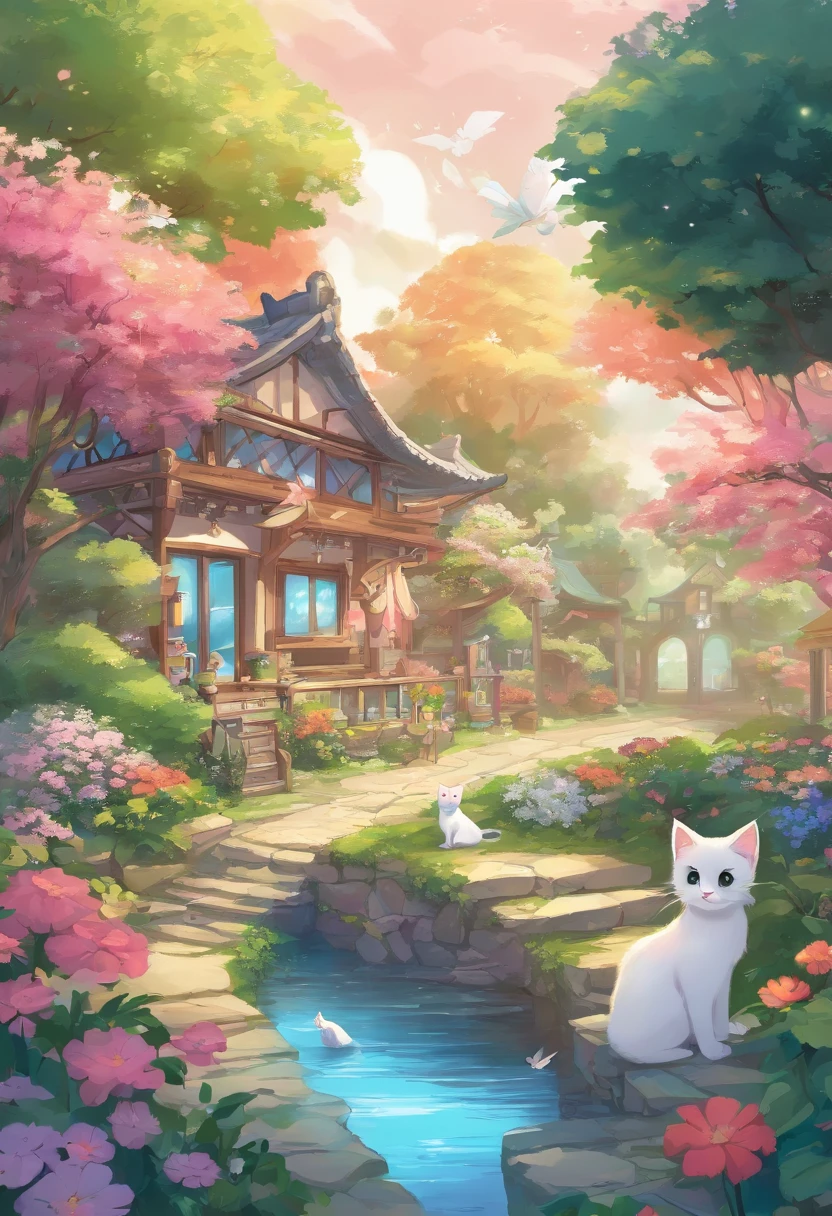 This scene is very fascinating。A girl and a white kitten are in a beautiful garden。 The girl is looking at the white kitten with amusement。The white kitten is having fun trying to catch a butterfly。 The garden is decorated with lush greenery and colorful flowers.。The garden is bathed in spring sunlight, giving it a warm glow.。A bright number of people surround a white kitten々Butterflies are flying。The flying butterflies create a lively atmosphere.。 The white kitten is expressive、The detailed fur and unique folded ears add to its charm.。The gardens are beautifully maintained、Neatly trimmed bushes and々Various plants are arranged。The stream's crystal clear water reflects the serene environment.、Colorful facade of house in the distance々adds a bit of whimsy to the scene.。 The scene has an atmosphere of tranquility and contemplation.、Expressing the world of high fantasy。Guardian nebula of rainbow light and silvery vapor、The colors of the Corrosive Encirclement Ray family fill the sky、There is a slimy feeling in the air.。A beautiful piece of artwork that exudes a mysterious aura.。