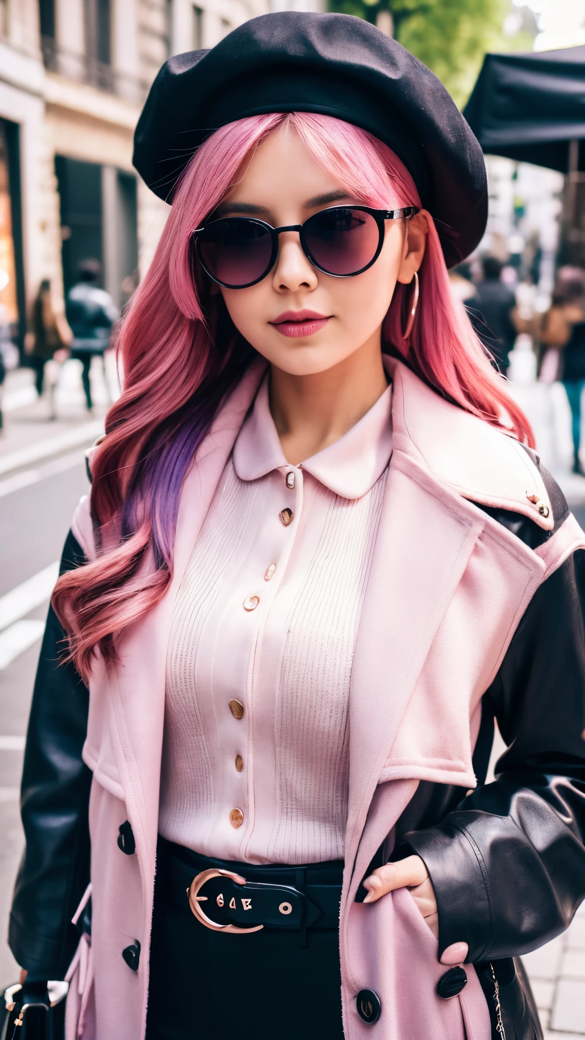 4k, realistic, highly detailed, Super eye details, fashion clothes, pink trench coat, french beret, black pants with belt, long hair, in the city,  pink hair, purple eyes, yae miko, wearing trendy sunglasses,