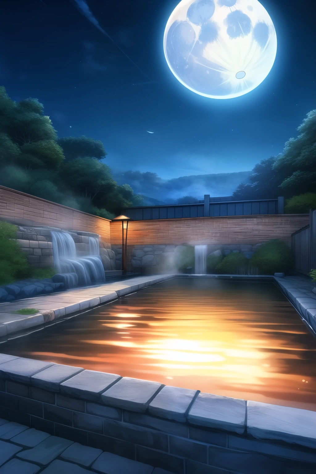 ((best quality)), ((masterpiece)), (detailed),(anime style), On the shore of a hot spring , a large, silvery blue moon rising in the night sky over the baths wall. mist curls up from the surface of the water.