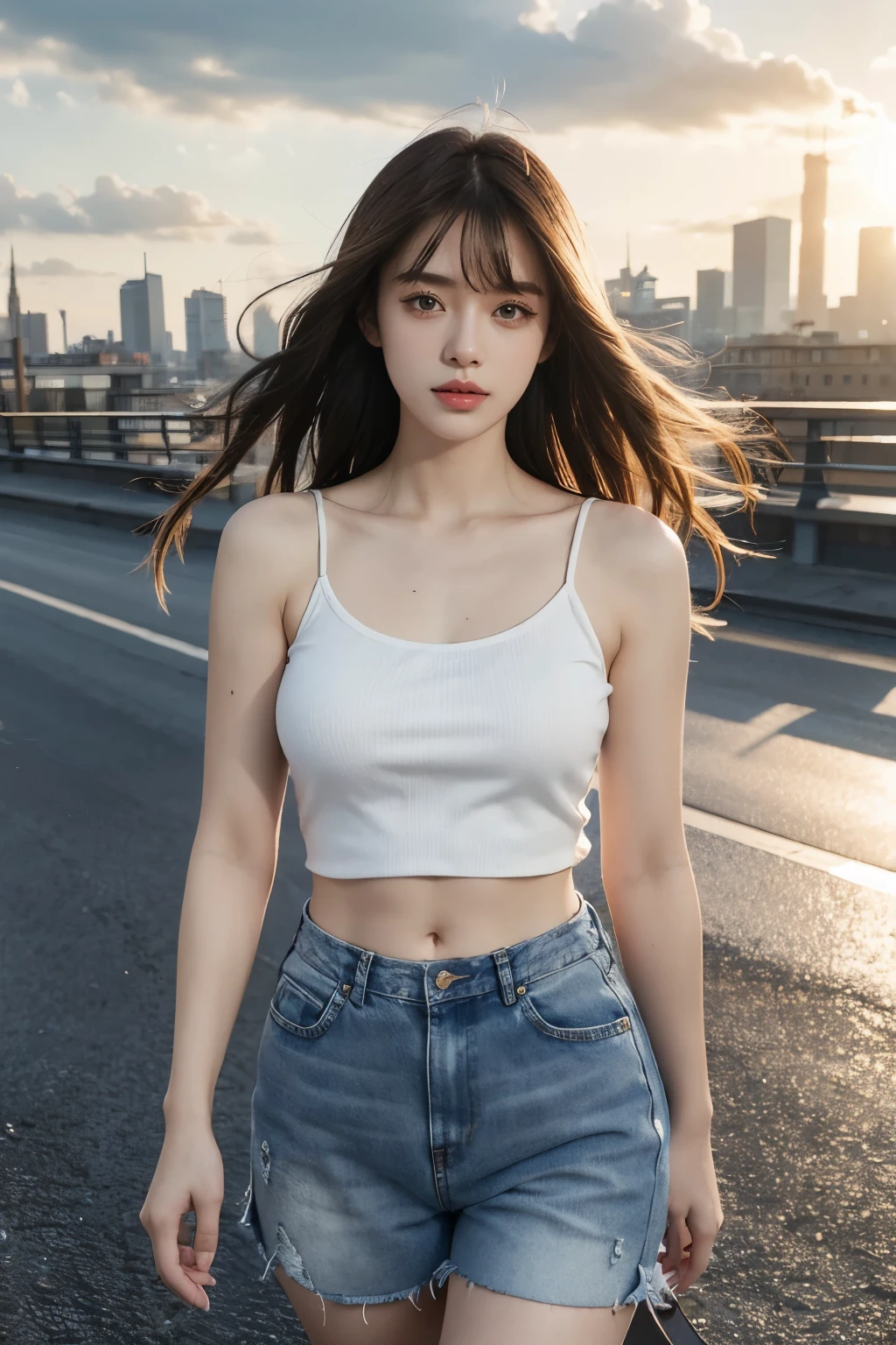 1girl,architecture,bangs,bare shoulders,blue sky,breasts,bridge,brown eyes,brown hair,building,camisole,castle,city,cityscape,cloud,cloudy sky,collarbone,day,denim shorts,floating hair,full body,house,jeans,lens flare,lips,long hair,looking at viewer,medium breasts,midriff,navel,outdoors,real world location,realistic,road,rooftop,scenery,sky,skyline,skyscraper,solo,standing,street,sun,sunlight,tank top,tower,town,walking,wind